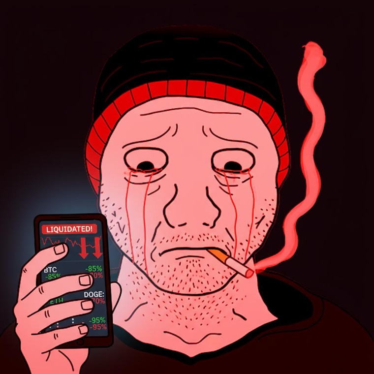 A man crying blood, smoking, staring at a phone reading LIQUIDATED