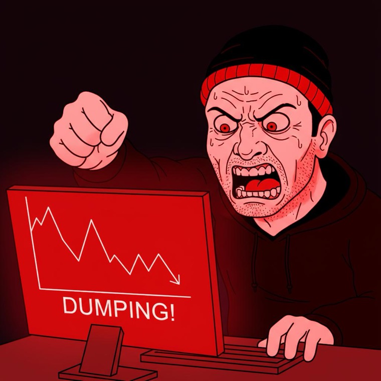 The man screaming at a computer showing a crashing chart labelled DUMPING
