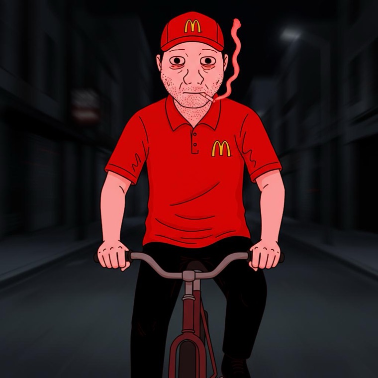 The man in a red uniform delivering food on a bike at night